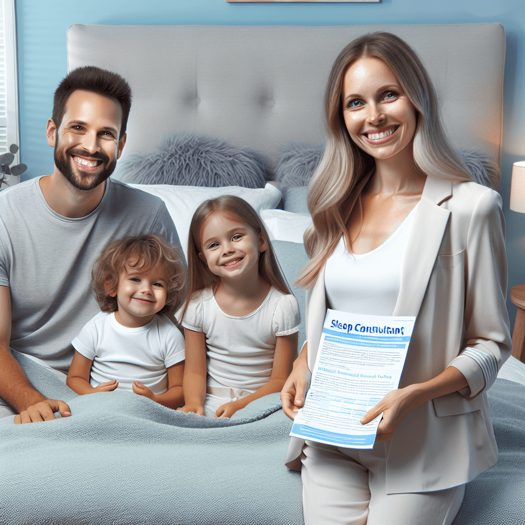 תמונה של מטפל ייעוץ שינה עם משפחה מאושרת בחדר שינה מרגיע.